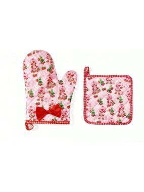 Strawberry Shortcake Pink Checkered Oven Mitt & Pot Holder Set Cute Strawberry